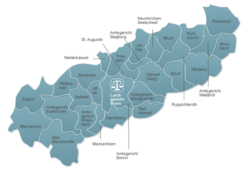 Karte des Landgerichtsbezirks Bonn mit schematischer Darstellung der Gemeinde- und Städtegrenzen