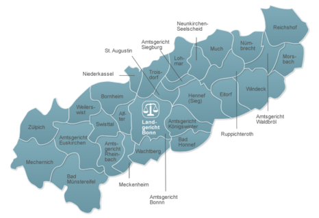 Karte des Landgerichtsbezirks Bonn mit schematischer Darstellung der Gemeinde- und Städtegrenzen