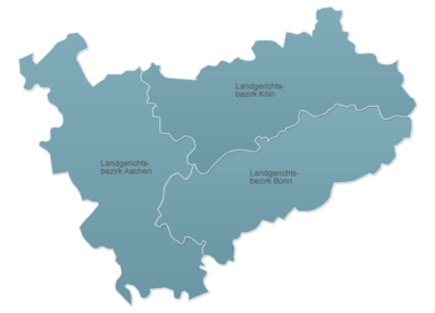 Schematische Karte des Oberlandesgerichtsbezirks Köln mit Darstellung der Grenzen der Landgerichtsbezirke